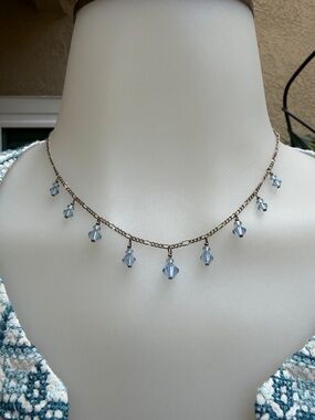 Vintage Delicate Blue Crystal Dangle Necklace  on a sterling silver chain
